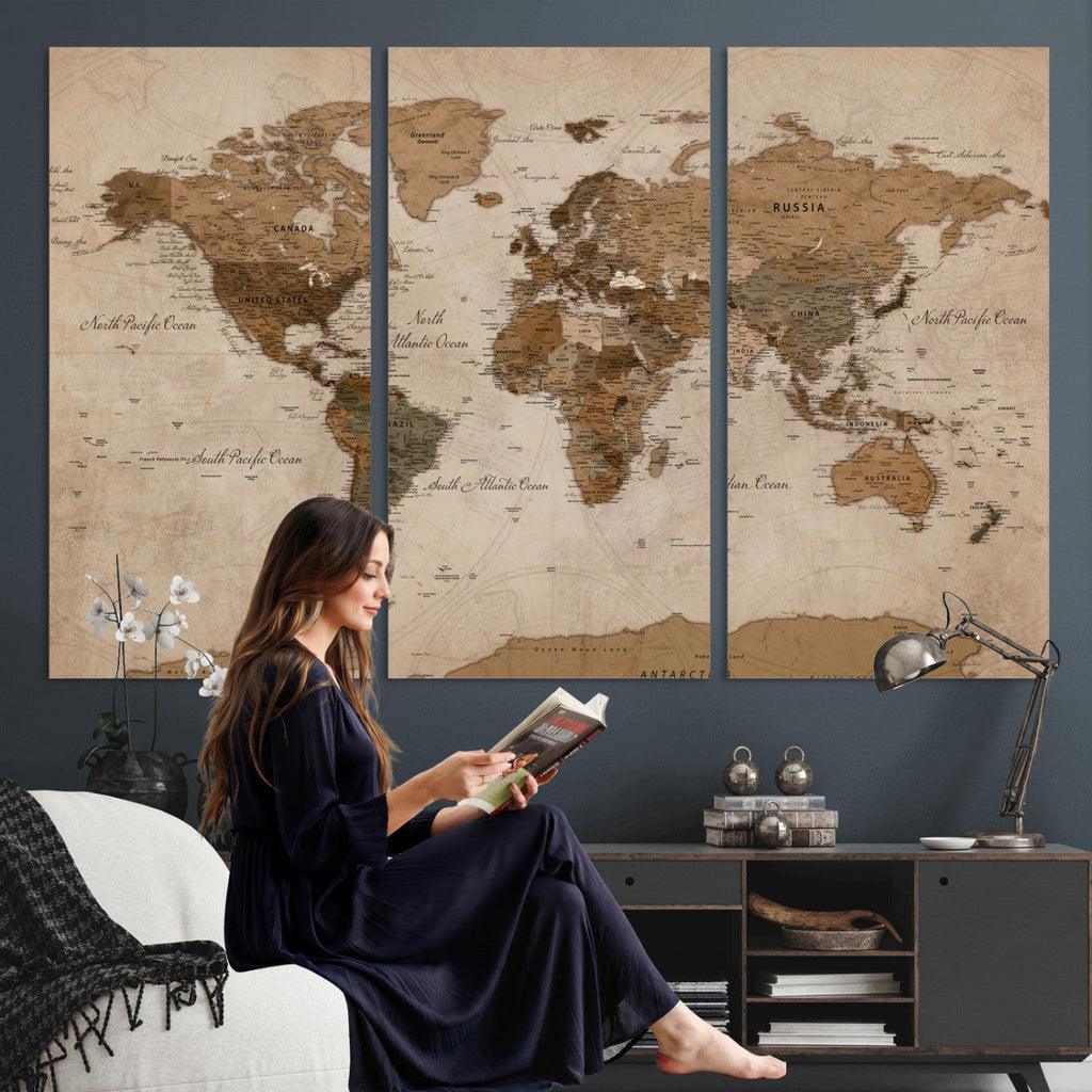 World Map Canvas Wall Art Print, Detailed Global Map Artwork
