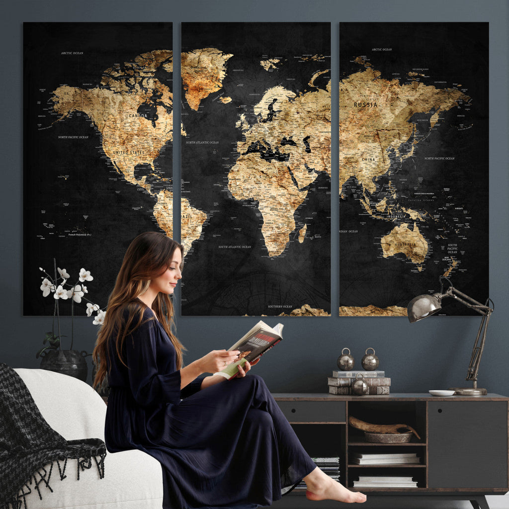 World Map Canvas Wall Art with Famous Landmarks | Framed Travel Map