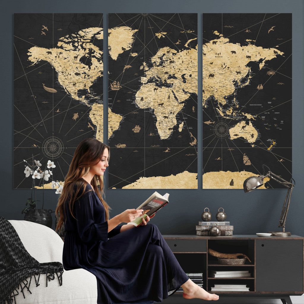 Vintage Blue and Brown World Map Canvas Wall Art | Framed Rustic Map Print
