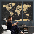 Vintage Blue and Brown World Map Canvas Wall Art | Framed Rustic Map Print