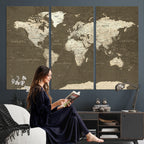 Vintage World Map Canvas Print | Framed Travel Map Wall Art for Couples