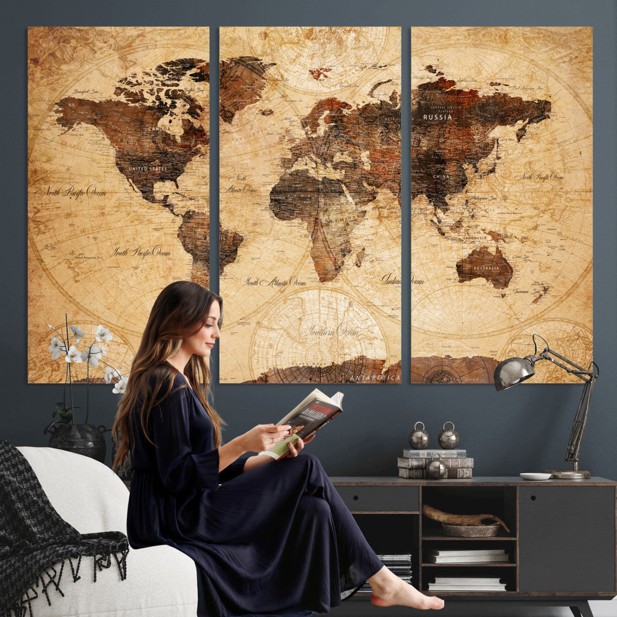 Modern Red and Gray World Map Canvas Print | Framed Wall Art