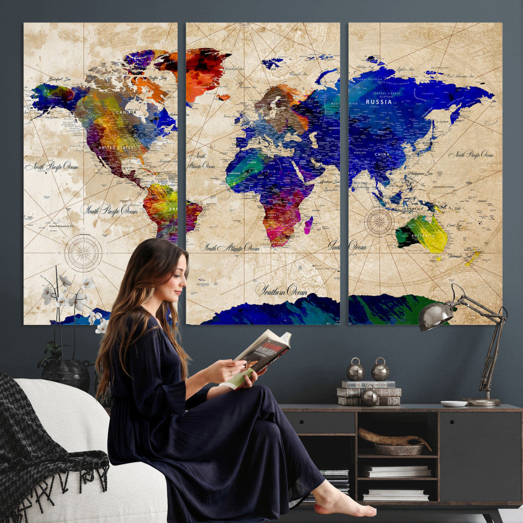 Watercolor World Map Canvas Print | Framed Wall Art for Couples