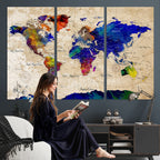 Watercolor World Map Canvas Print | Framed Wall Art for Couples
