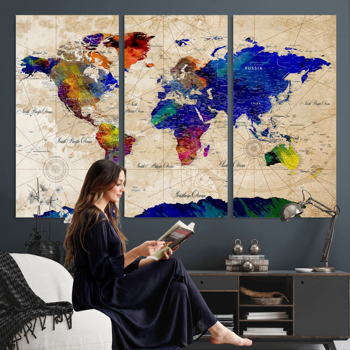 Watercolor World Map Canvas Print | Framed Wall Art for Couples