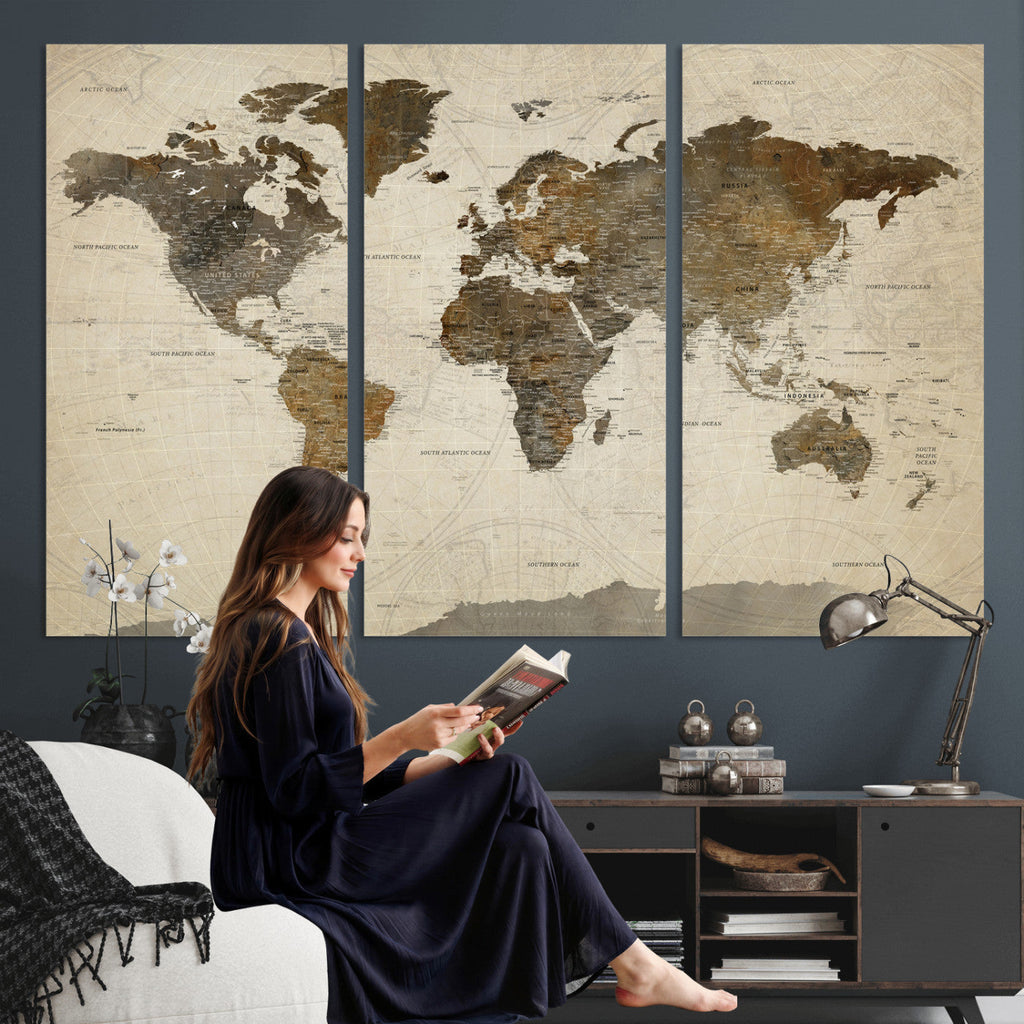 Vintage World Map Canvas Wall Art | Framed Antique Style Travel Map