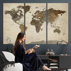 Vintage World Map Canvas Wall Art | Framed Antique Style Travel Map