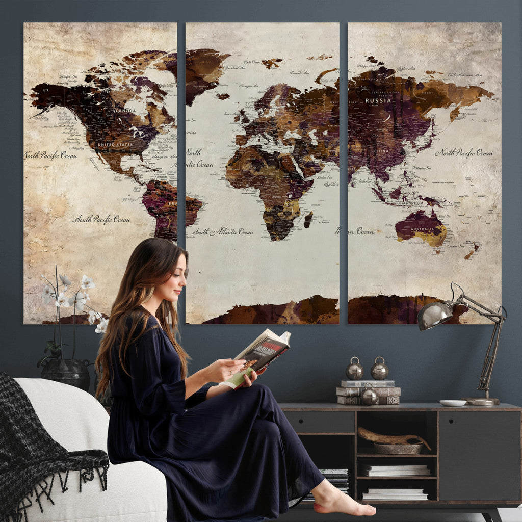 World Map Canvas Triptych | Colorful Global Wall Art for Living Rooms