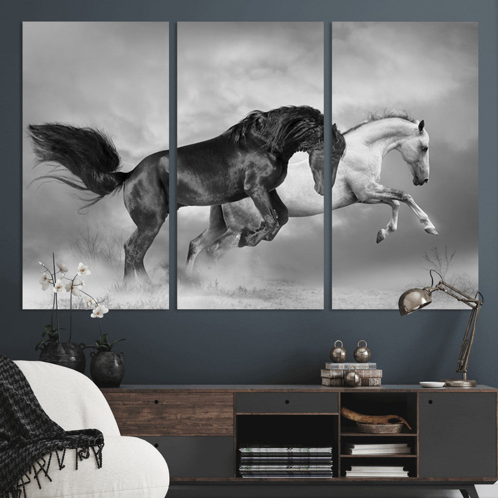 Wild Horses Wall Art Canvas Print, Framed Black and White Galloping Horses