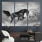 Wild Horses Wall Art Canvas Print, Framed Black and White Galloping Horses