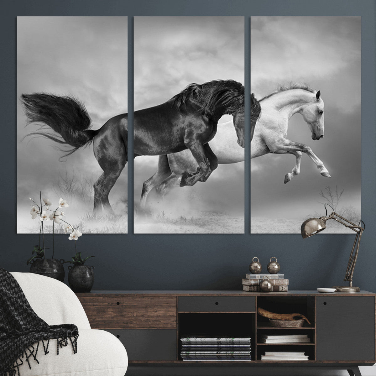 Wild Horses Wall Art Canvas Print, Framed Black and White Galloping Horses