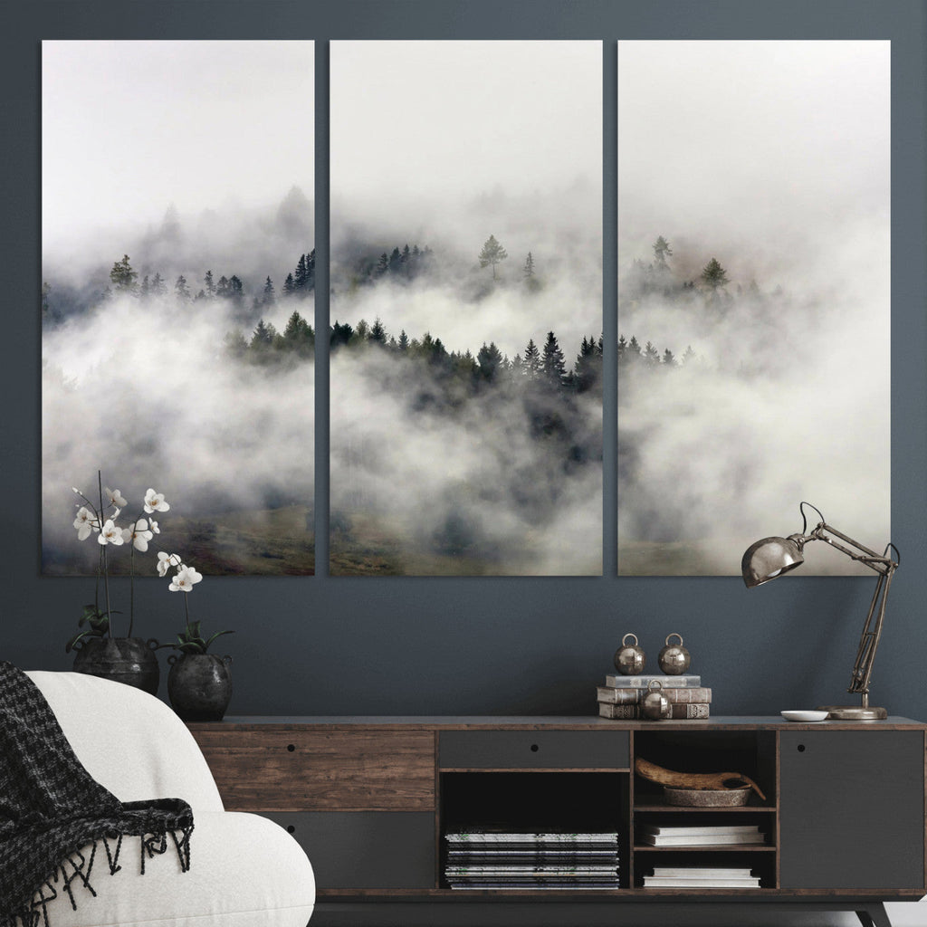 Foggy Forest Wall Art Canvas Print, Misty Pine Tree Landscape