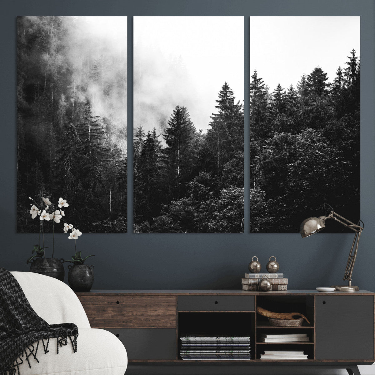 Black White Forest Wall Art Canvas Print, Misty Pine Tree Landscape