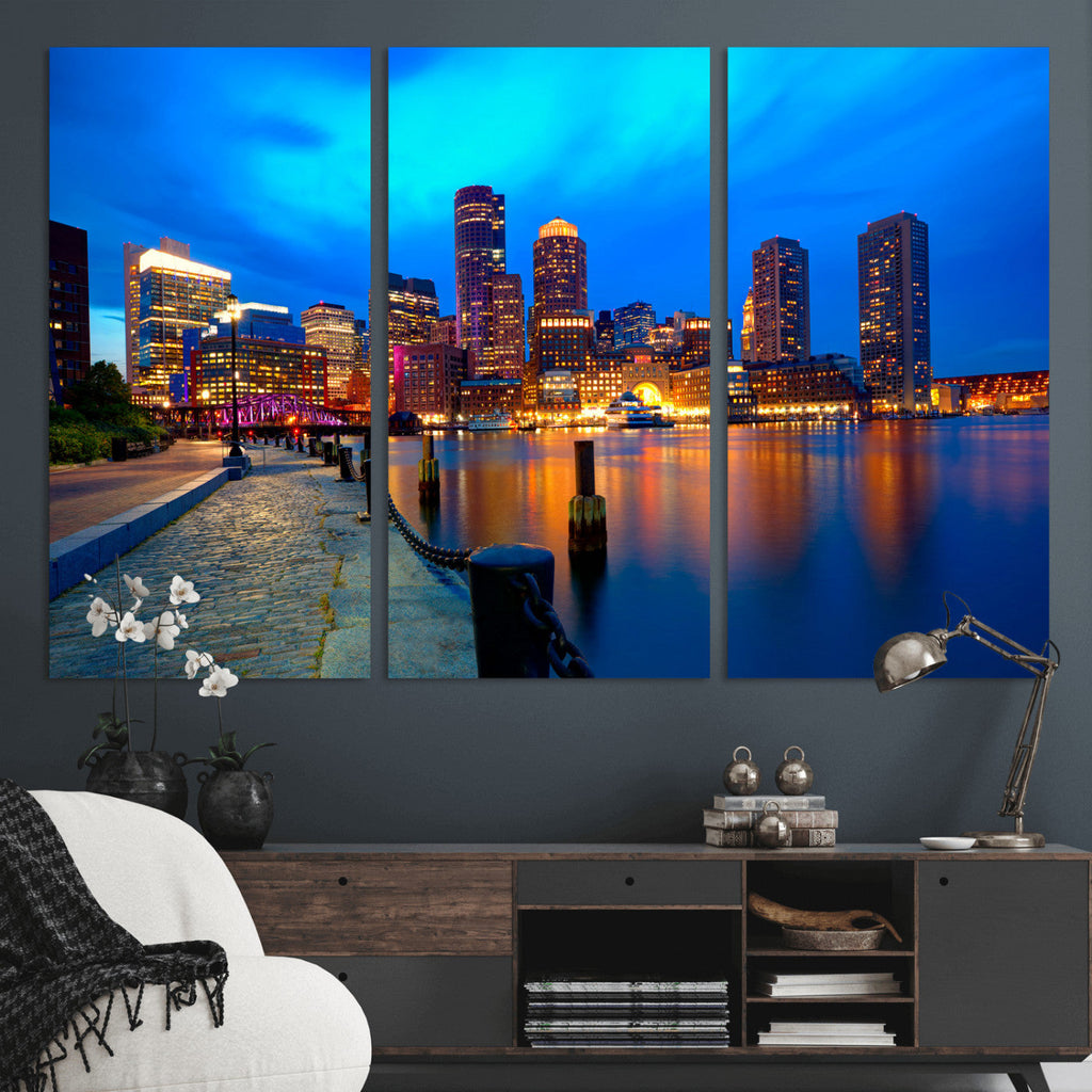 Boston Wall Art Canvas Print, Boston City Downtown Night Cityscape