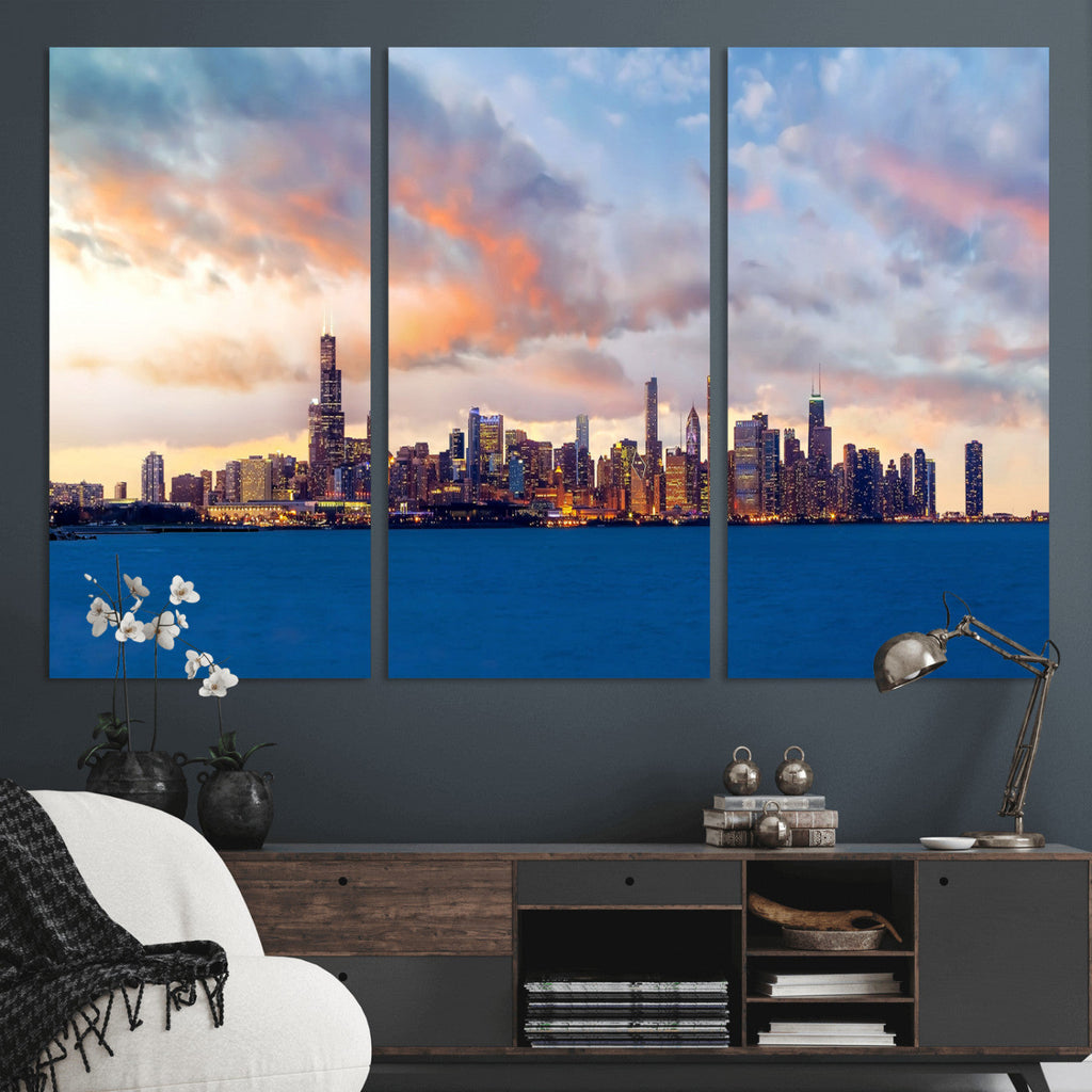 Chicago Wall Art Canvas Print - Chicago City Downtown Night Cityscape