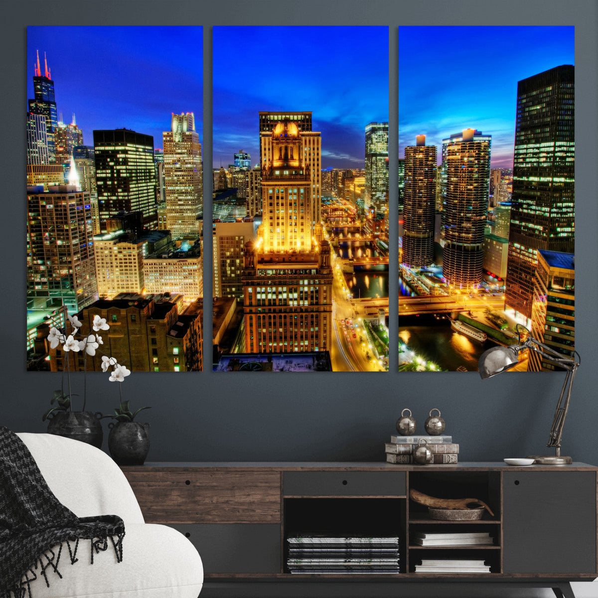 Chicago Wall Art Canvas Print - Chicago City Downtown Night Cityscape