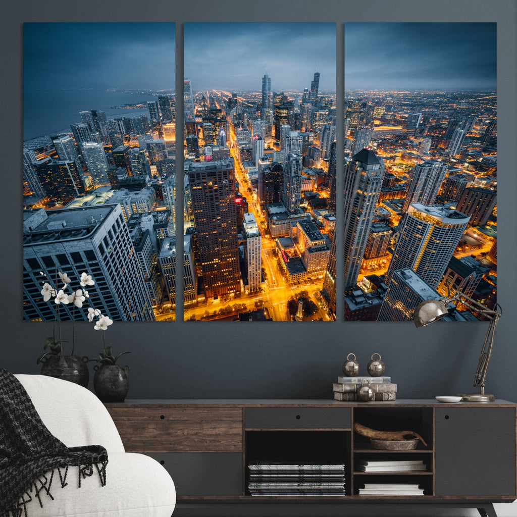 Chicago Wall Art Canvas Print - Chicago City Downtown Night Cityscape