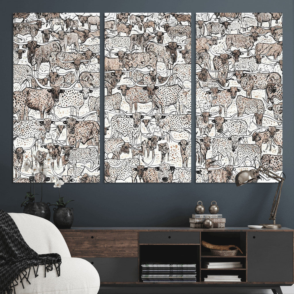 Abstract Texas Cow Wall Art Canvas Print, Farm Longhorn Art for Cabin Decor