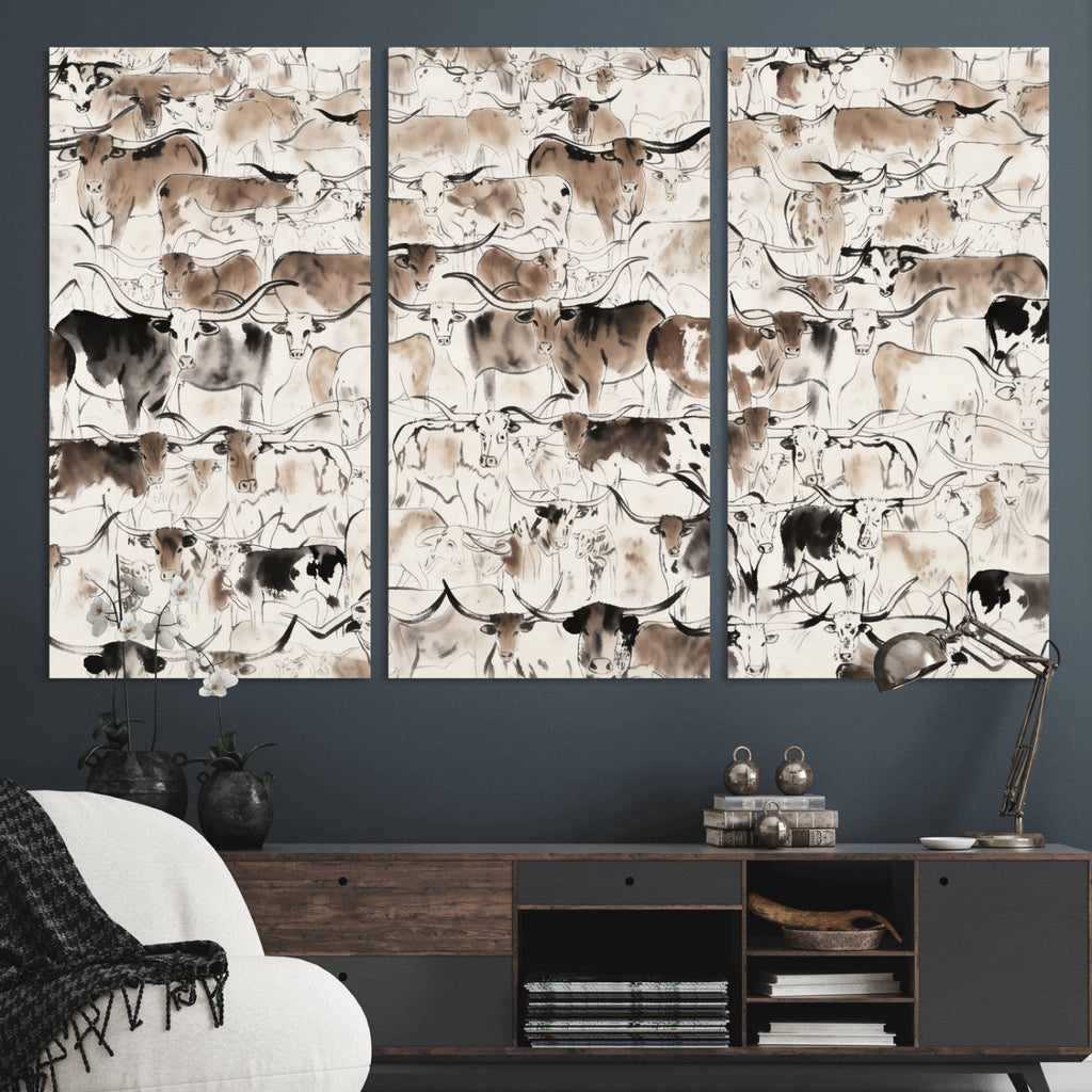 Abstract Texas Cow Canvas Print for Cabin and Western Home Decor