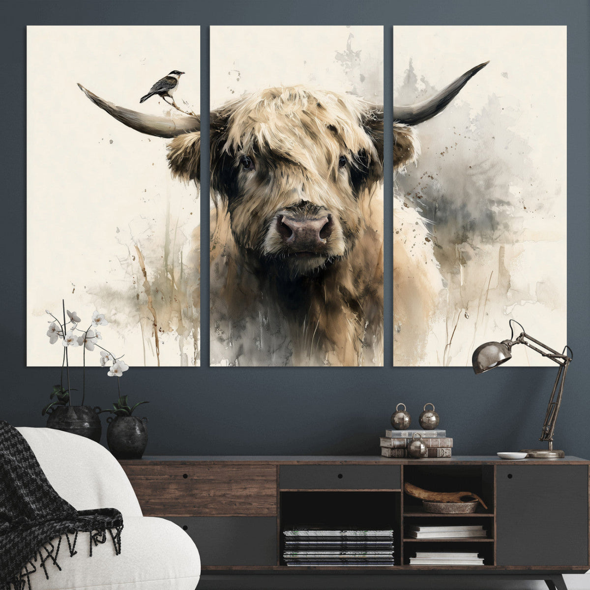 Abstract Highland Cow Wall Art Canvas Print, Rustic Farm Cattle Portrait