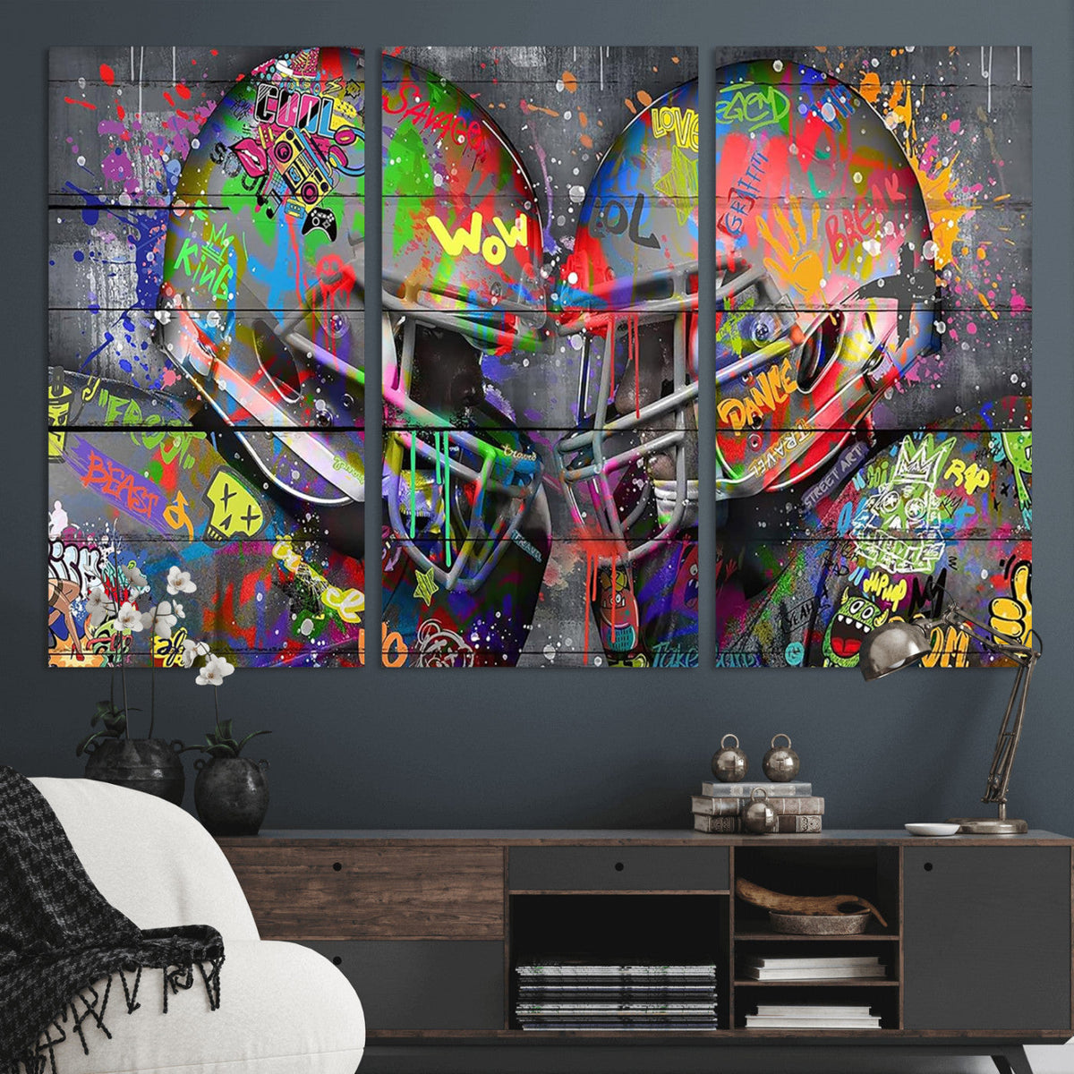 Graffiti Football Helmets Wall Art Canvas Print, Urban Street Art