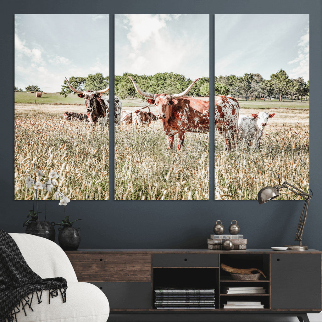 Texas Longhorn Cattle Wall Art Canvas Print, Western Ranch Landscape Decor