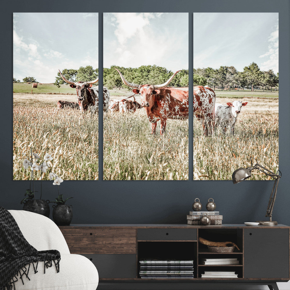 Texas Longhorn Cattle Wall Art Canvas Print, Western Ranch Landscape Decor