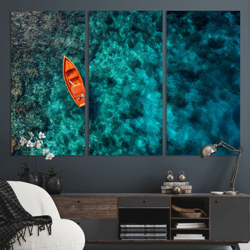 Turquoise Ocean Boat Wall Art Canvas Print