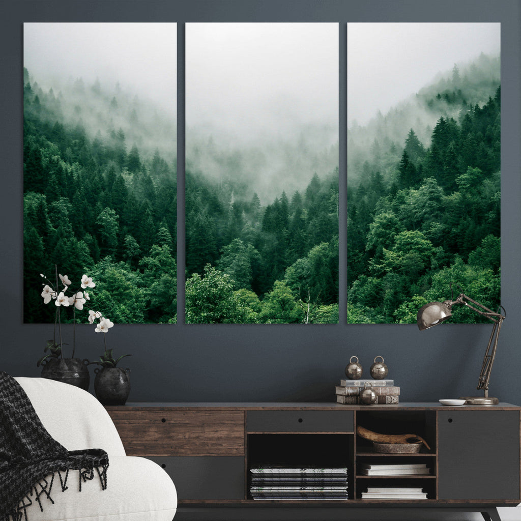 Misty Pine Forest Wall Art Canvas Print, Foggy Evergreen Landscape