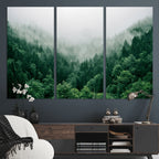 Misty Pine Forest Wall Art Canvas Print, Foggy Evergreen Landscape