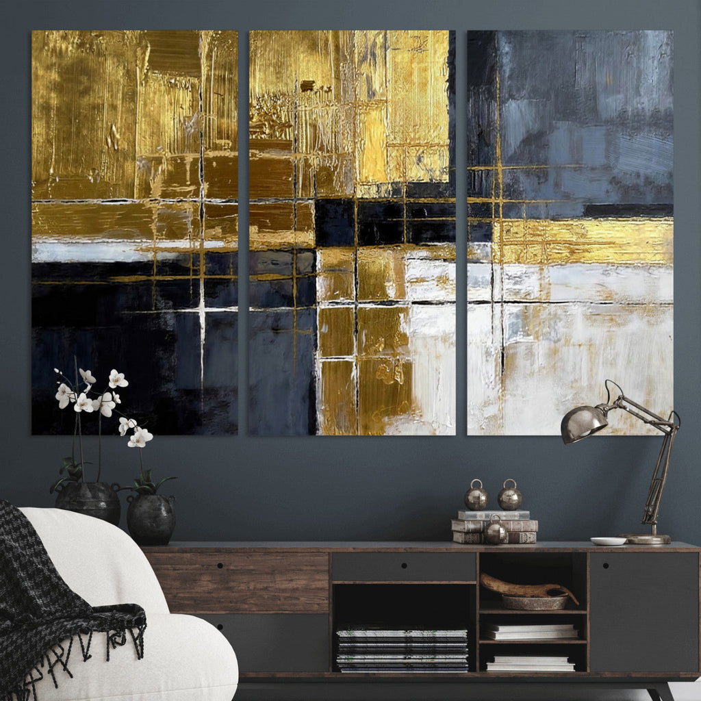 Gold Navy Abstract Wall Art Canvas Print, Modern Luxury Geometric Art for Living Room and Office