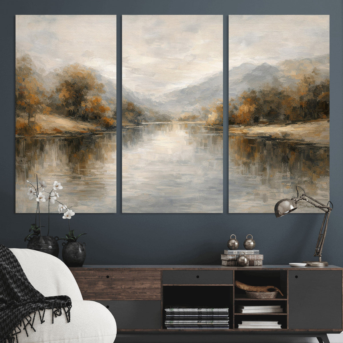 Neutral Abstract River Landscape Wall Art Canvas Print