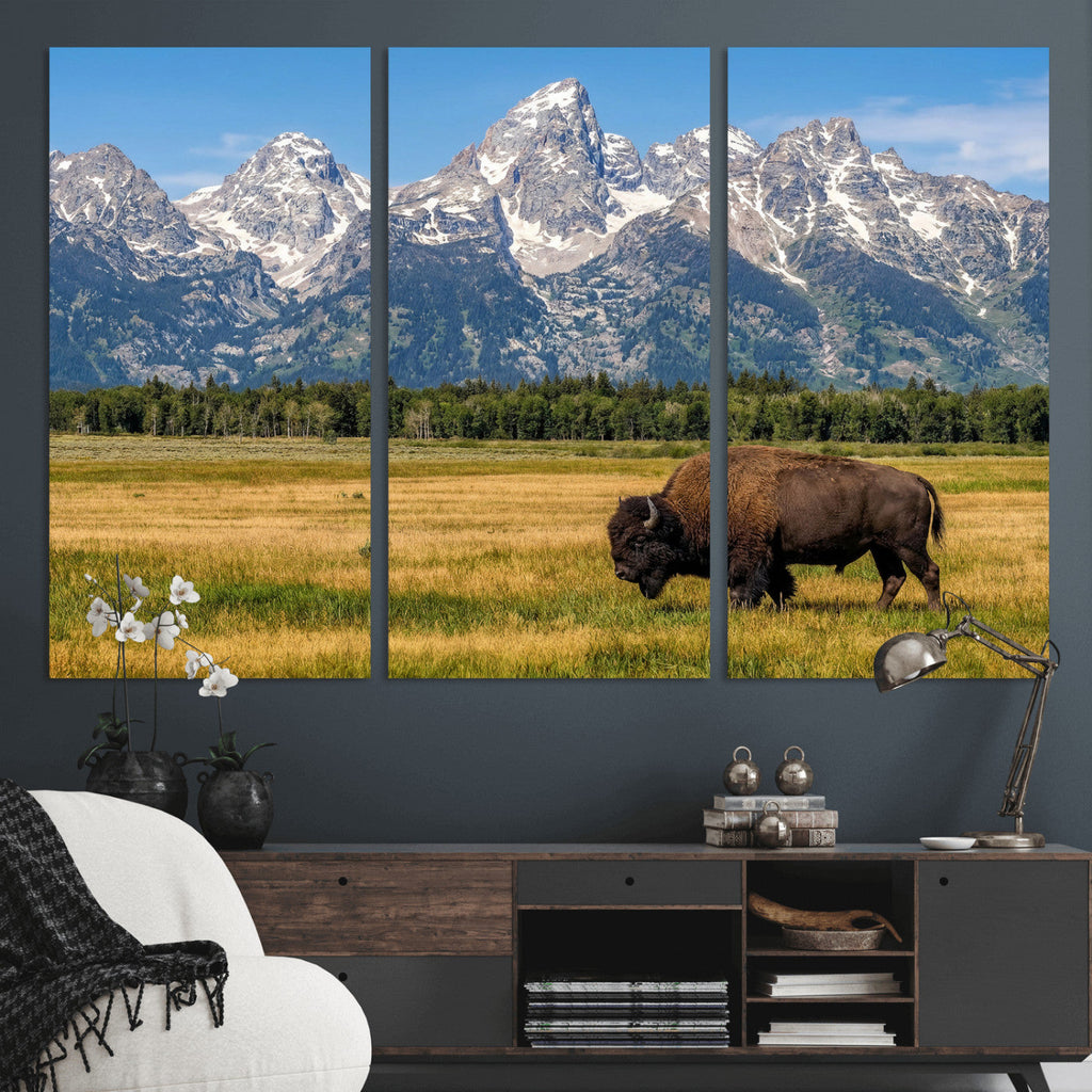 Bison in Mountain Landscape Wall Art Canvas Print, Western Decor