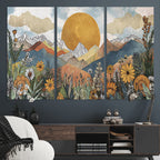 Boho Mountain Landscape Large Wall Art, Horizontal Gold Sun and Flowers Print