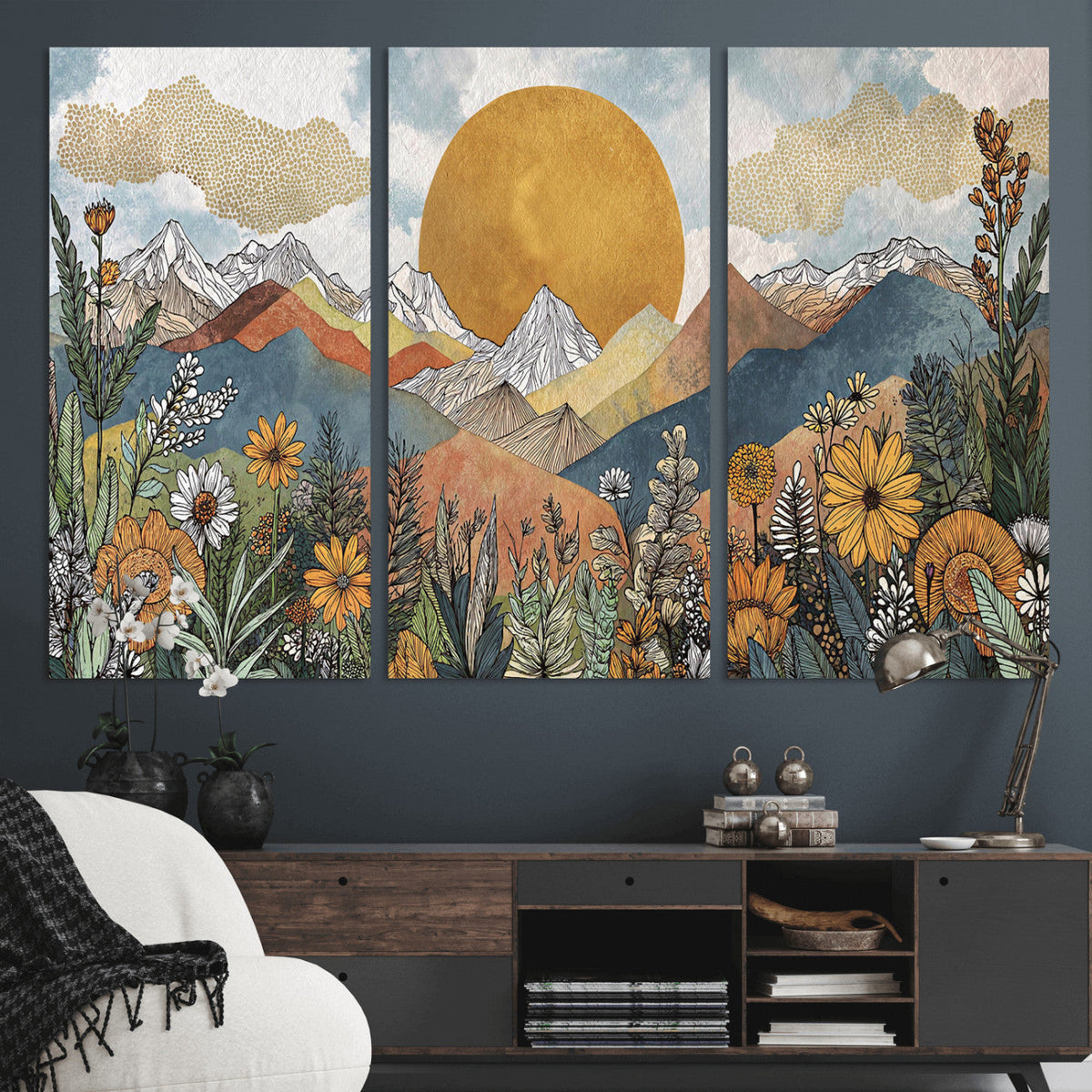 Boho Mountain Landscape Large Wall Art, Horizontal Gold Sun and Flowers Print