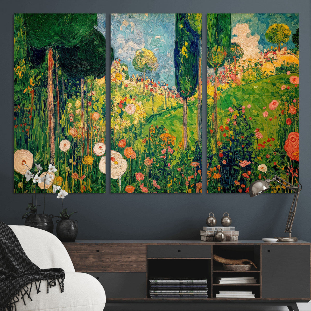 Gustav Klimt Boho Mountain Landscape Large Wall Art, Gold Sun and Flowers Print