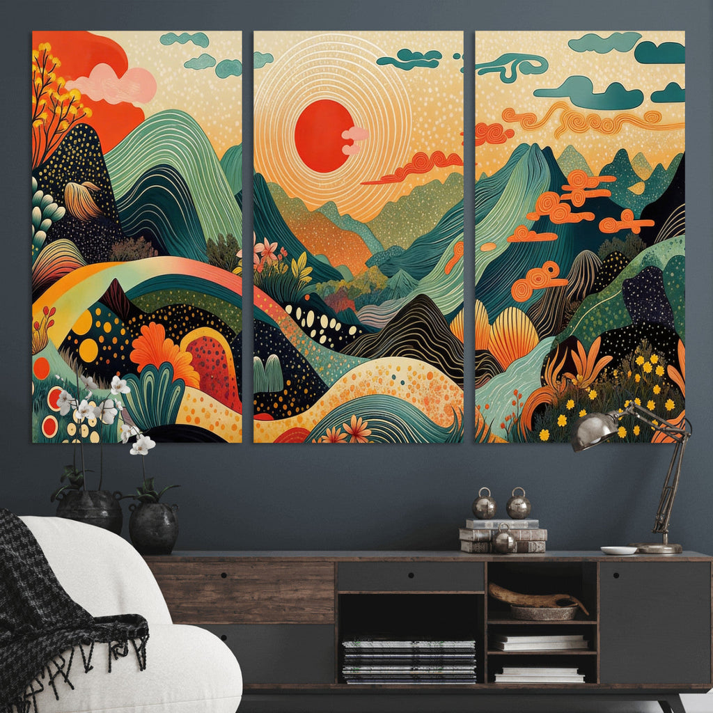 Yayoi Kusama Boho Mountain Landscape Large Wall Art, Gold Sun and Flowers Print