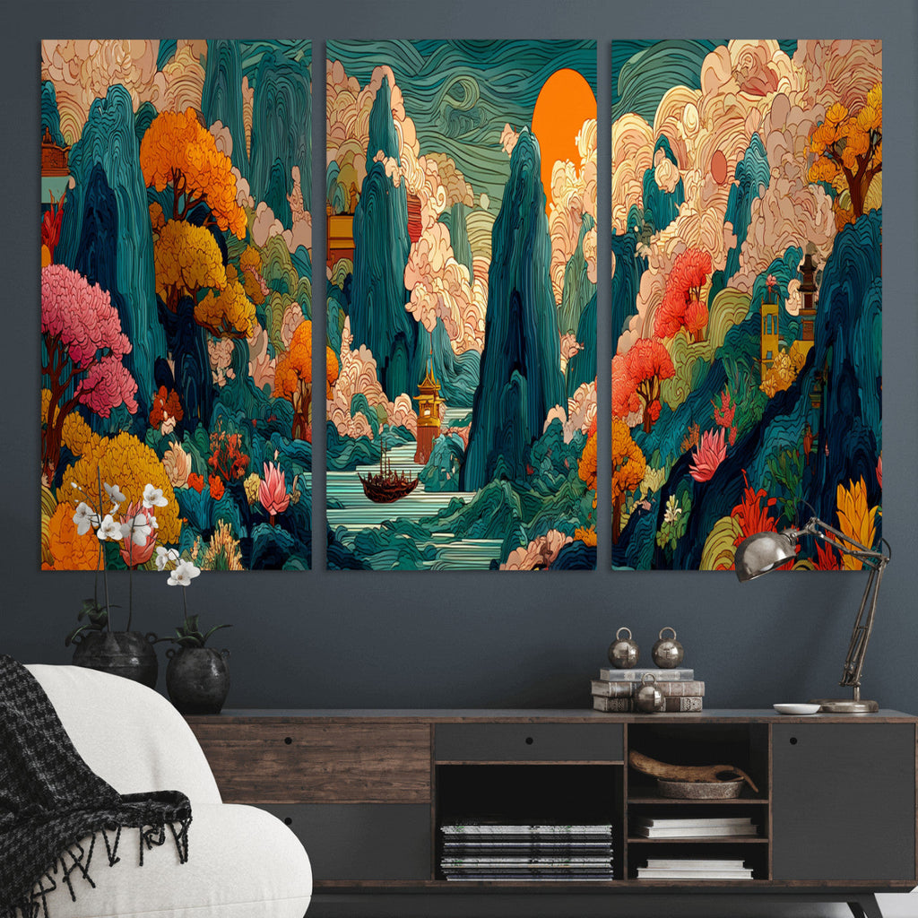 Colorful Japanese Landscape Print: Maximalist Panoramic Wall Art