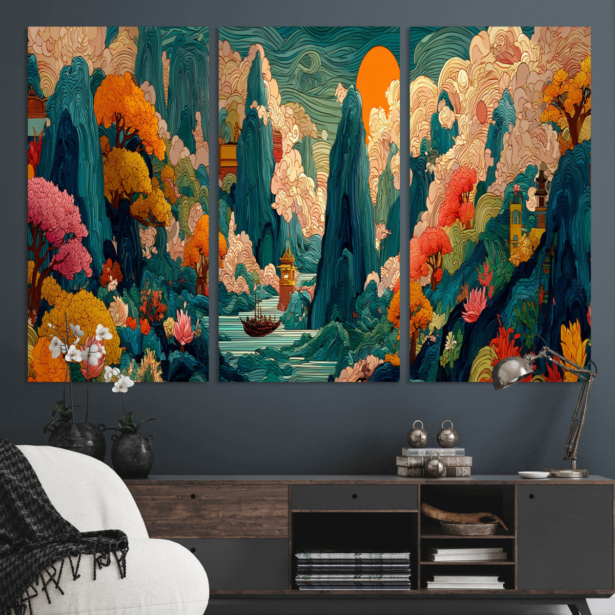 Colorful Japanese Landscape Print: Maximalist Panoramic Wall Art