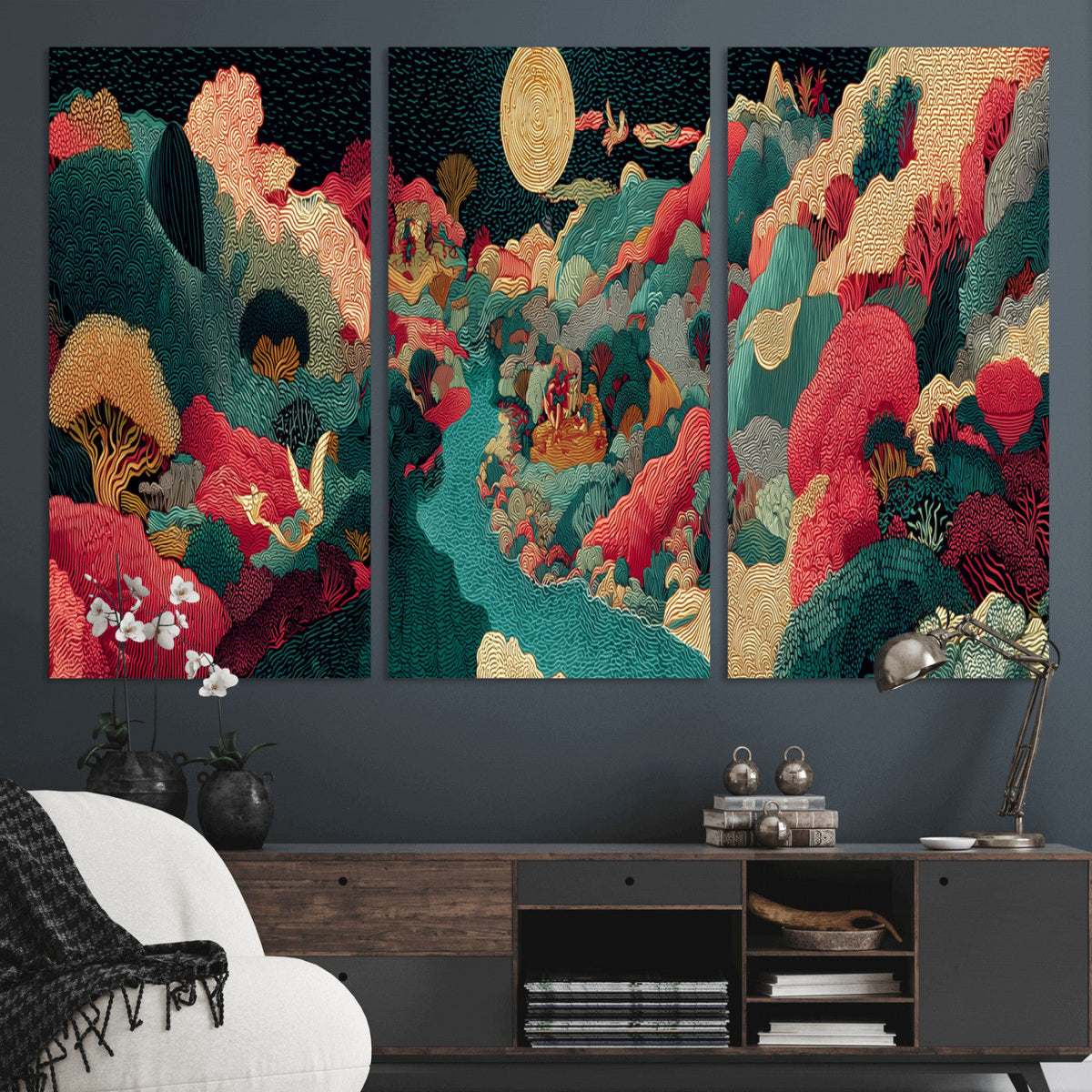 Colorful Japanese Landscape Print: Maximalist Panoramic Wall Art
