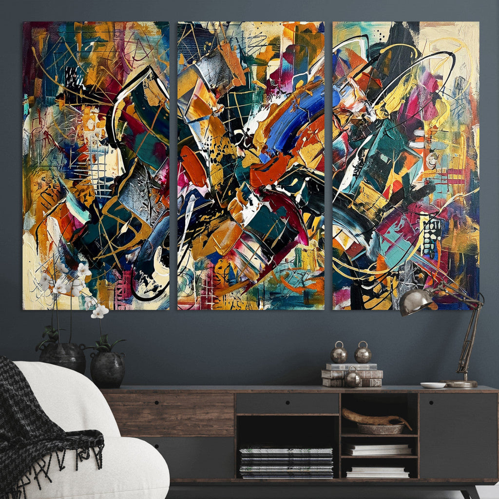 Geometric Abstract Wall Art Canvas Print, Orange Blue