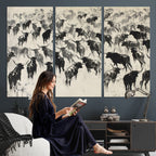 Longhorn Cattle Canvas Wall Art, Black White Stampede Ink