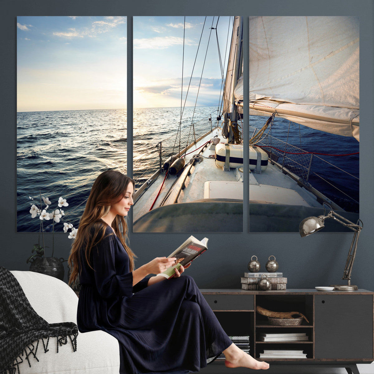 Sailboat Wall Art Canvas Print, Ocean Sunset Sailing Framed Artwork