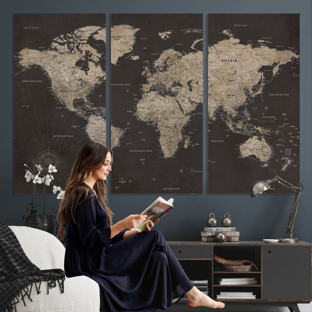 World Map Canvas Wall Art, Dark Charcoal and Antique Tan Detailed Map