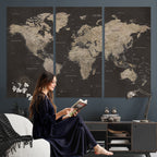 World Map Canvas Wall Art, Dark Charcoal and Antique Tan Detailed Map