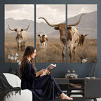 Rustic Texas Longhorn Cow Canvas Wall Art Print, Farm Animal Photography