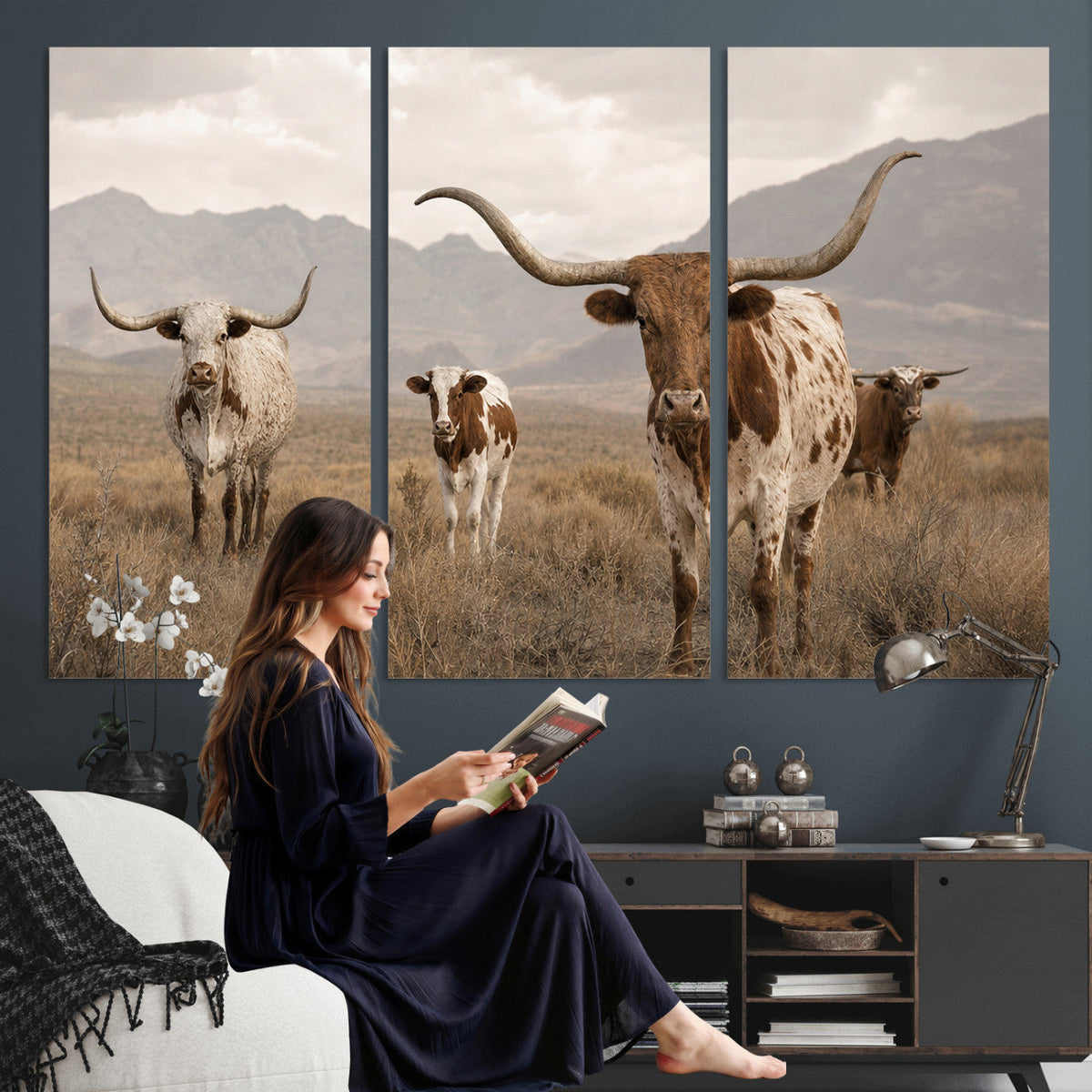 Rustic Texas Longhorn Cow Canvas Wall Art Print, Farm Animal Photography