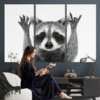Funny Raccoon Canvas Wall Art, Black White Hands Up Animal Photo Print