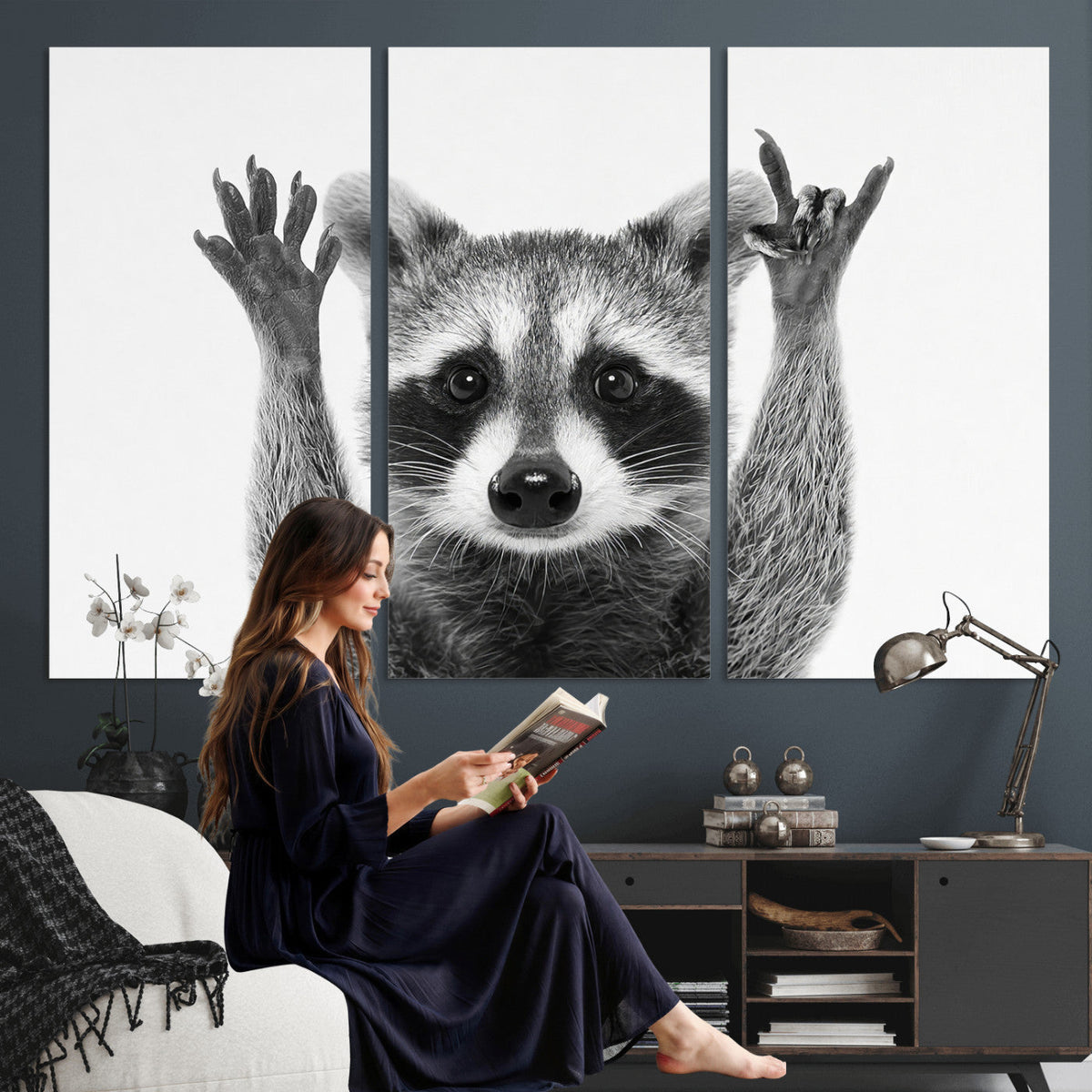 Funny Raccoon Canvas Wall Art, Black White Hands Up Animal Photo Print