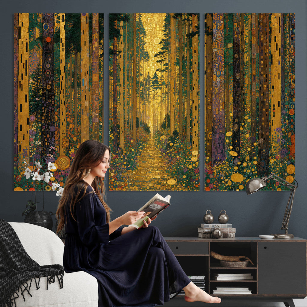 Gustav Klimt Style Forest Canvas Wall Art, Golden Forest Path Floral Art Nouveau Print